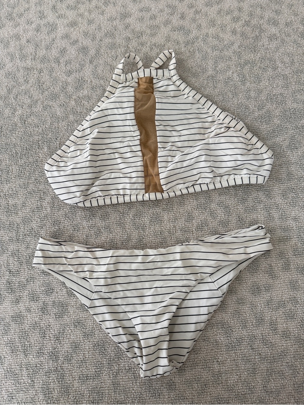 Striped White & Black Girls' Two-Piece Swim Set with Tan Accent. Bottoms S,top M